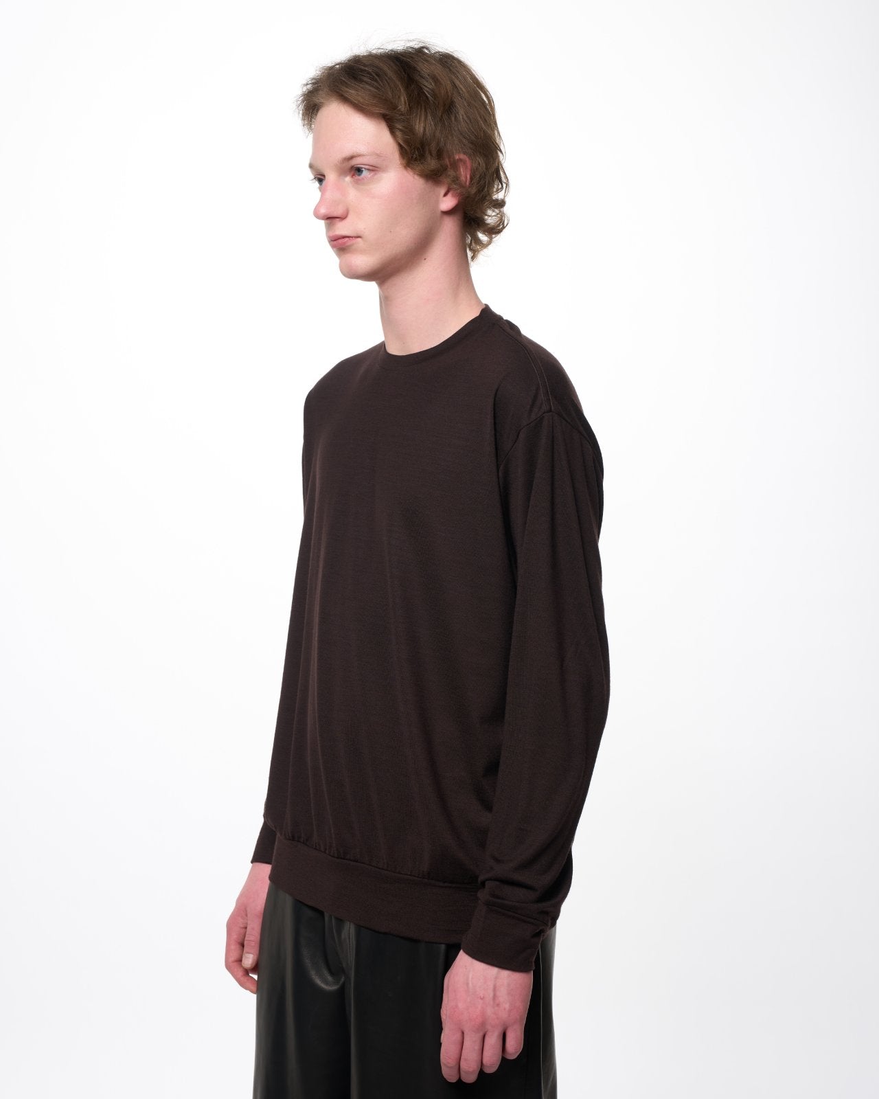 スーパー100sウォッシャブルウール天竺 / クルーネック L/S Tee, Dark Brown