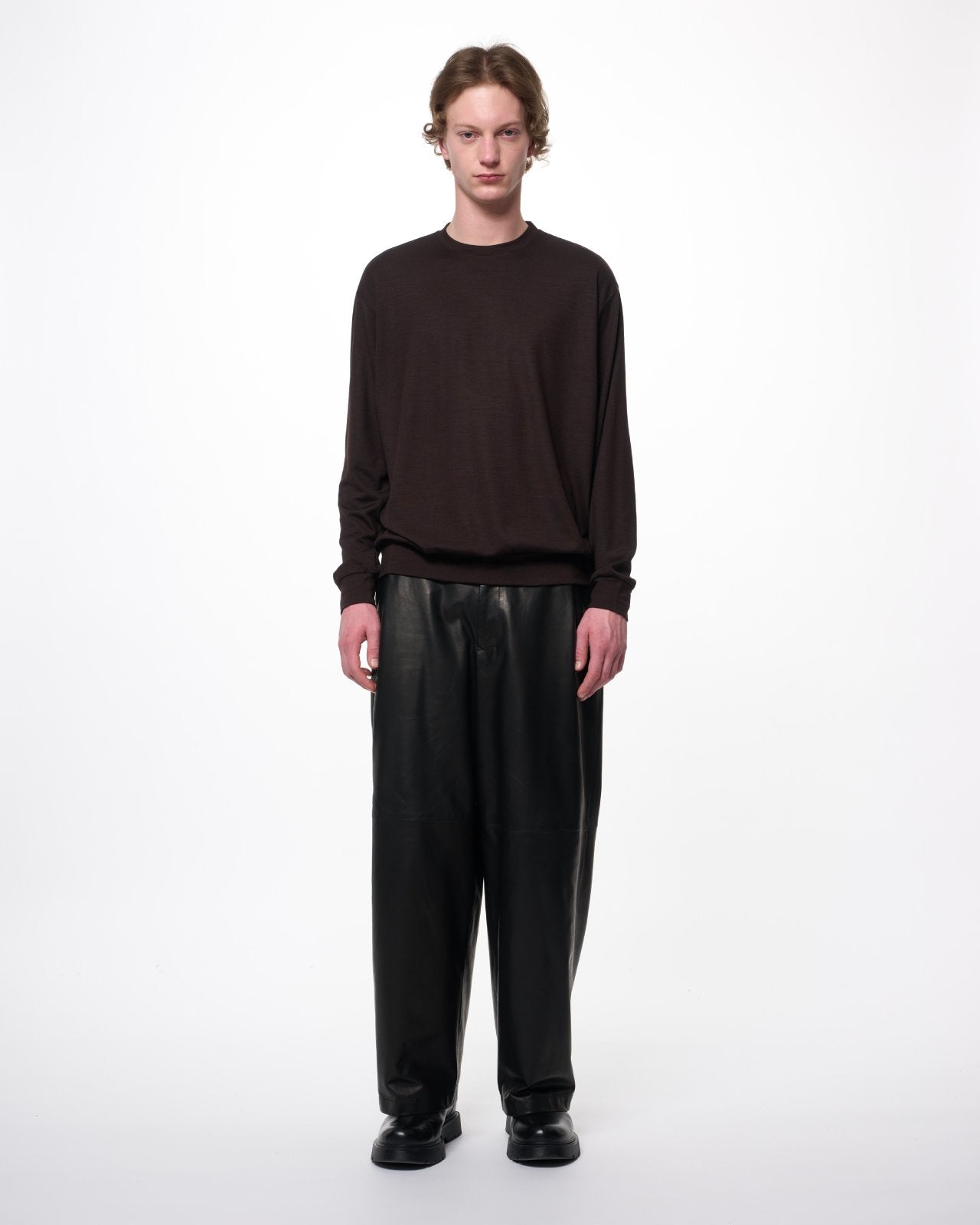 スーパー100sウォッシャブルウール天竺 / クルーネック L/S Tee, Dark Brown