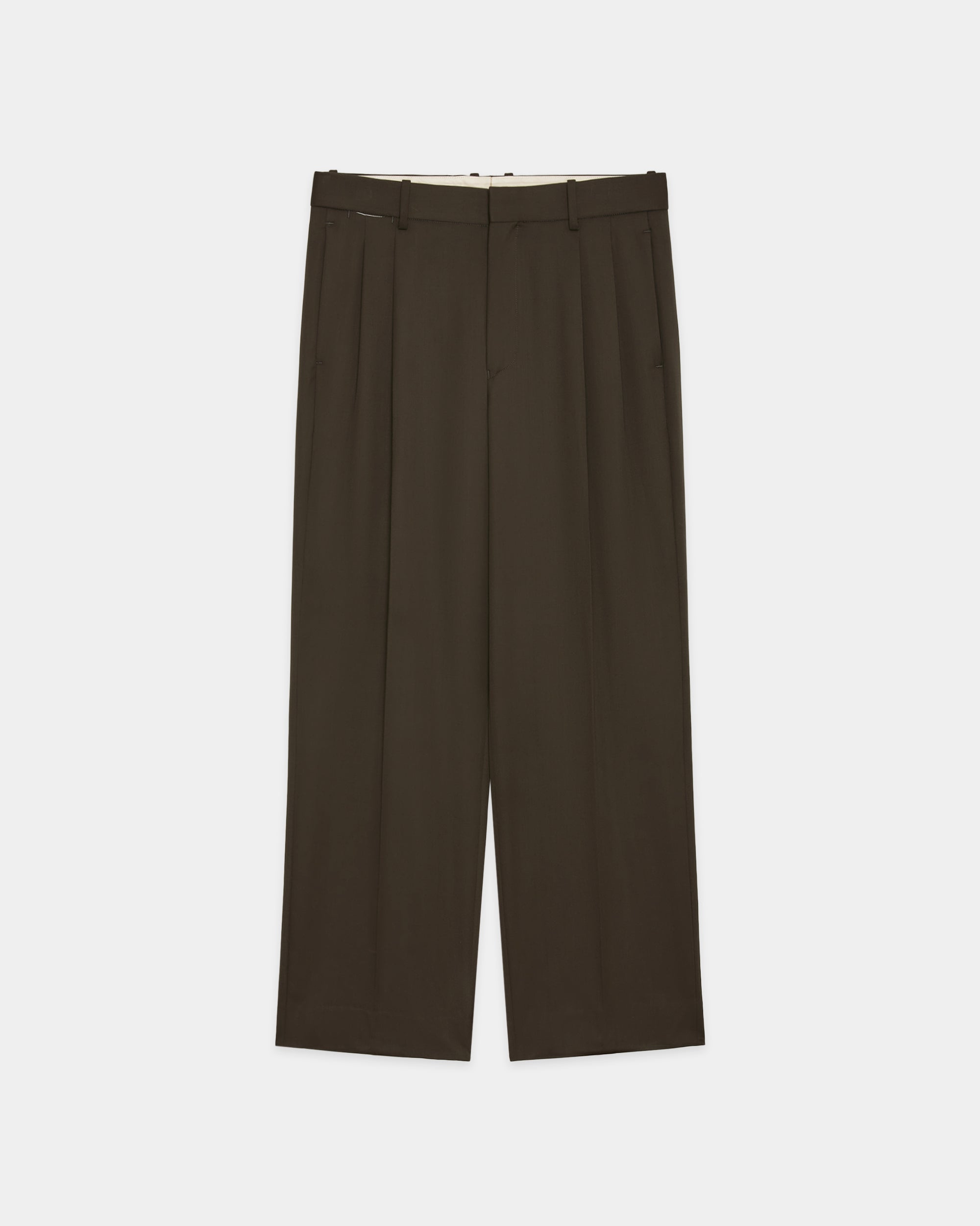Organic Wool 2/80 Gabardine / Double Pleated Straight Trousers, Dark Olive