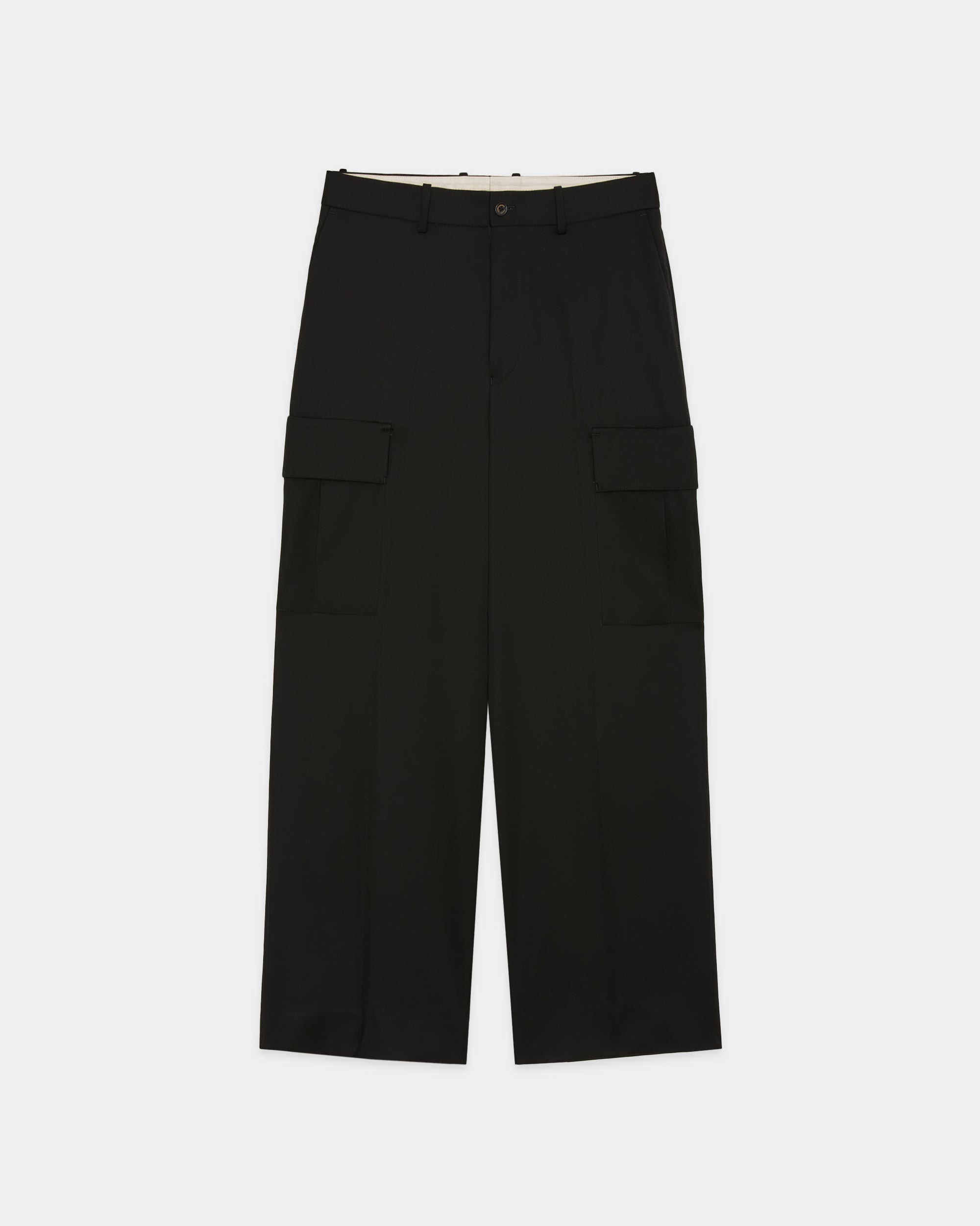 Organic Wool 2/80 Gabardine / Flat Front Wide Cargo Trousers, Black