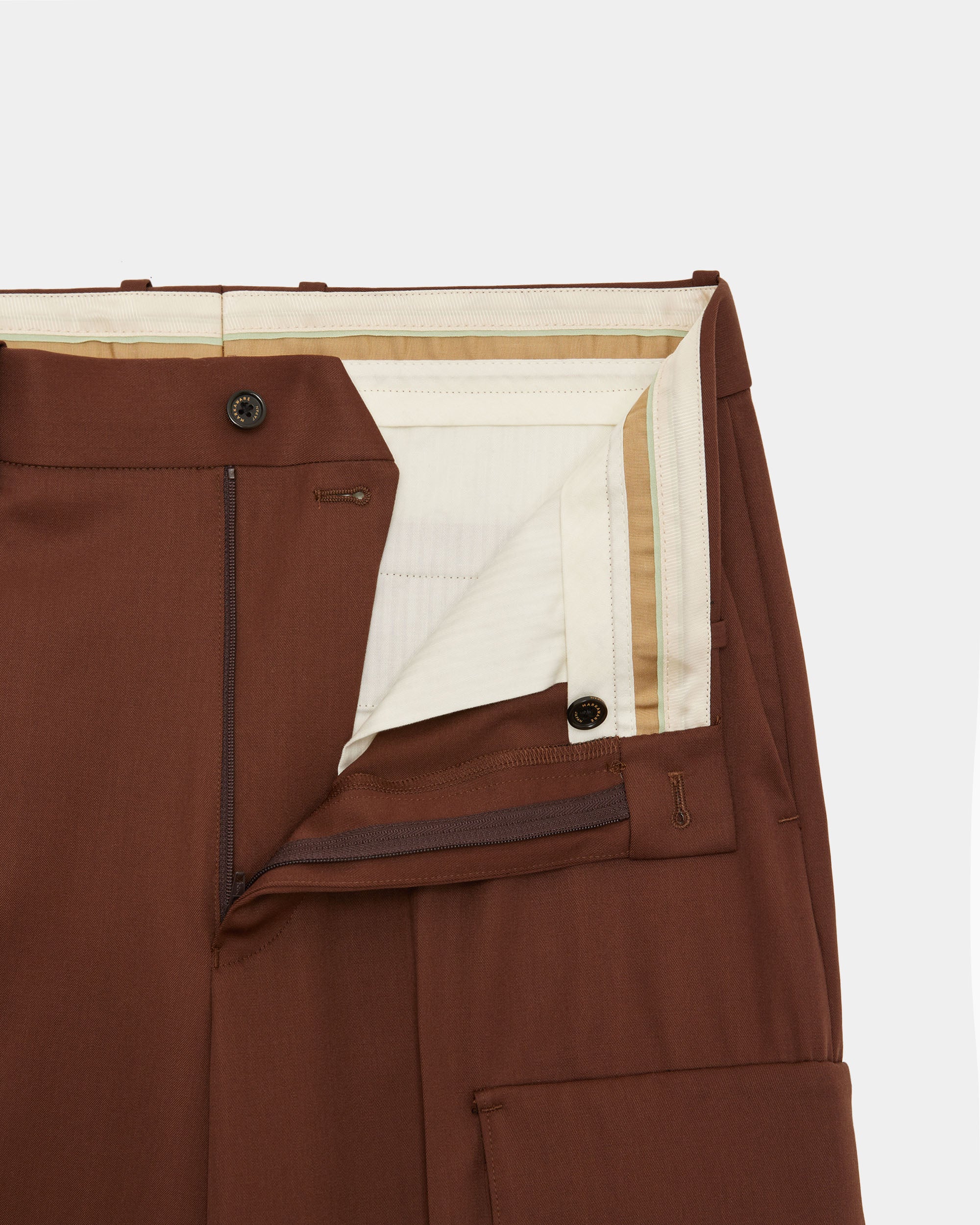Organic Wool 2/80 Gabardine / Flat Front Wide Cargo Trousers, Dark Bronze