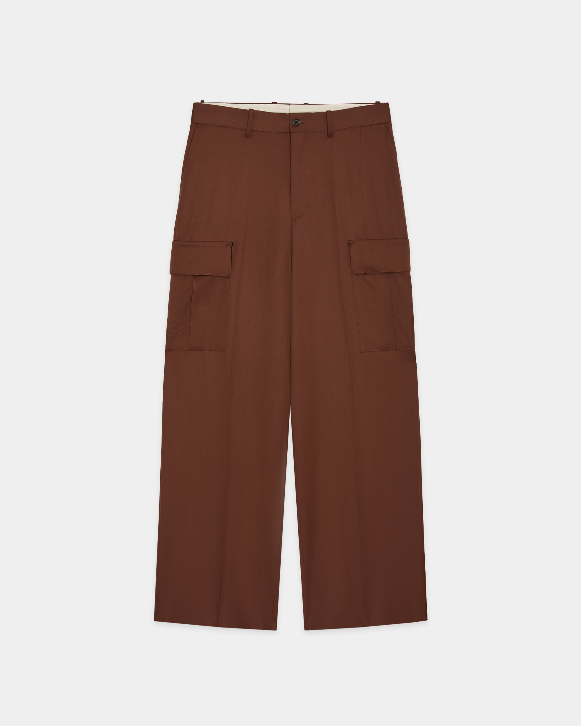 Organic Wool 2/80 Gabardine / Flat Front Wide Cargo Trousers, Dark Bronze