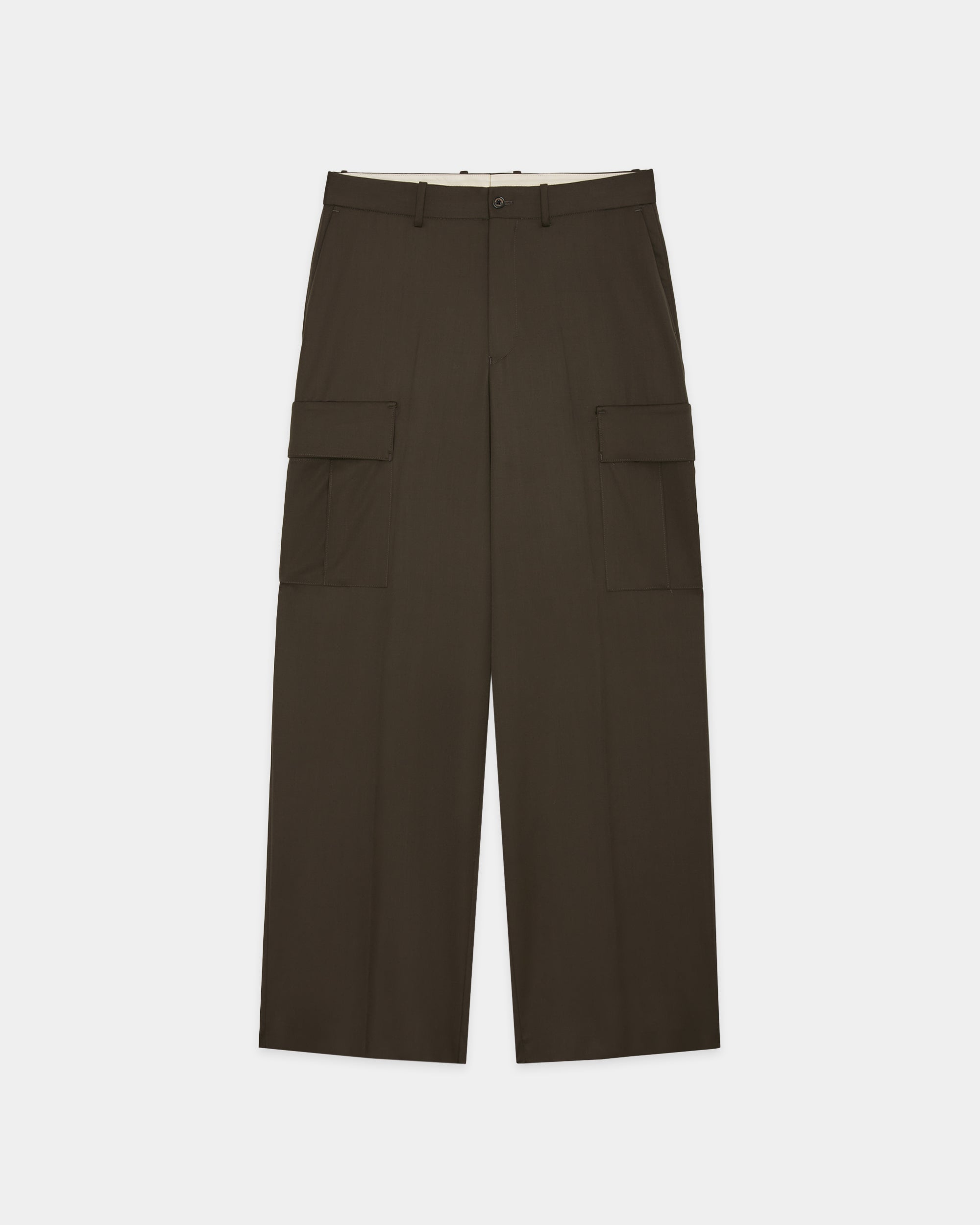 オーガニックウール 2/80 ギャバジン / フラットフロントワイドカーゴトラウザーズ, Dark Olive