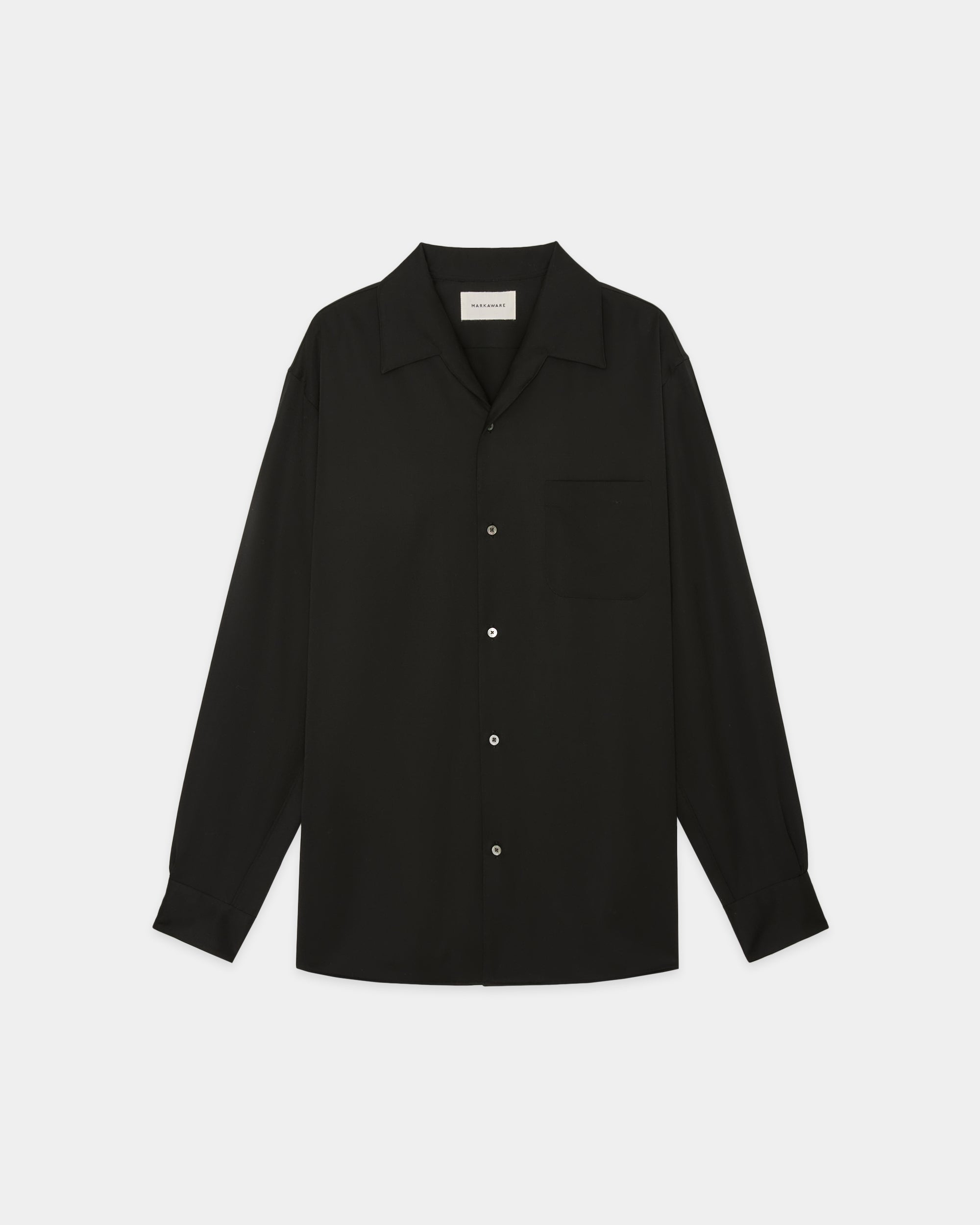 Organic Wool 2/80 Gabardine / Italian Open Collar Shirt, Black