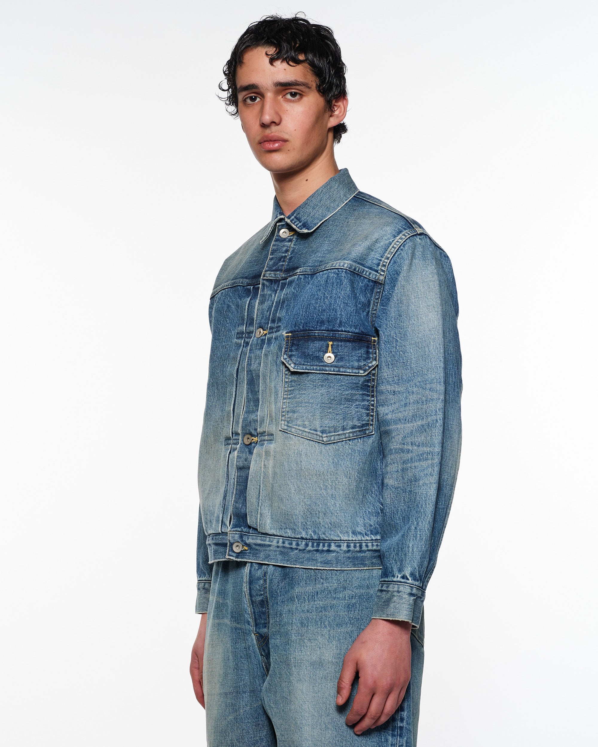オーガニックコットン 13.5oz セルビッチデニム / Type-1デニムジャケット, Used Washed