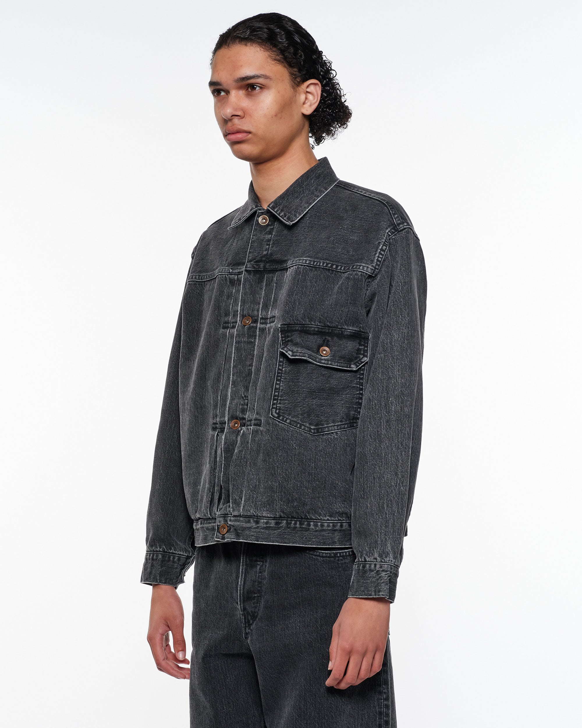 オーガニックコットン 13.5oz セルビッチデニム / Type-1デニムジャケット, Faded Black