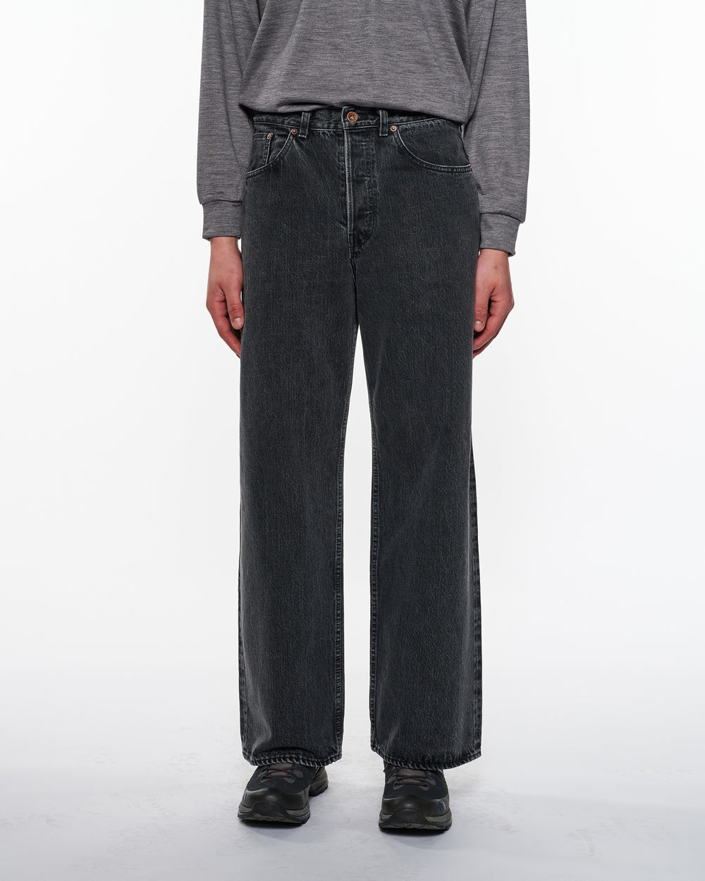 オーガニックコットン 13.5oz セルビッチデニム / ワイドレッグジーンズ, Faded Black