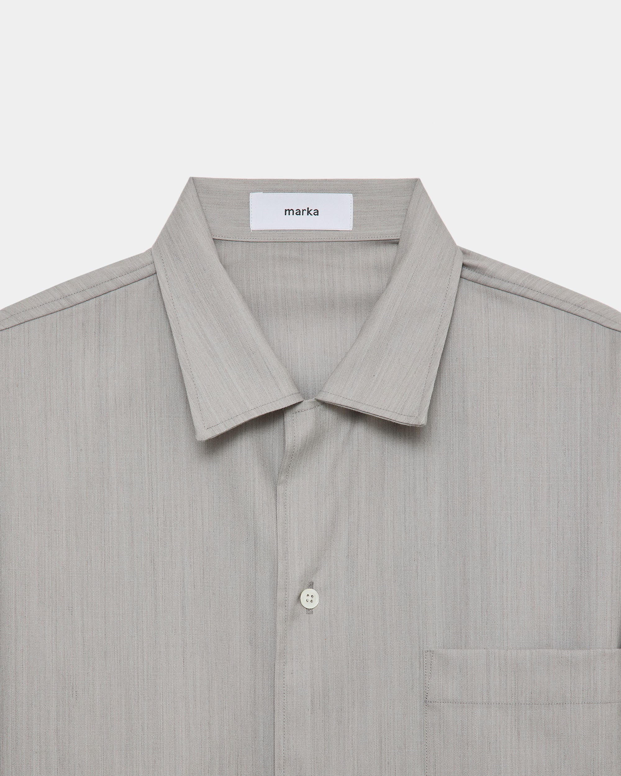 【PARKING Special Order】2/60 Wool Tropical Melange / Open Collar L/S Shirt With Hem Tab, Light Gray