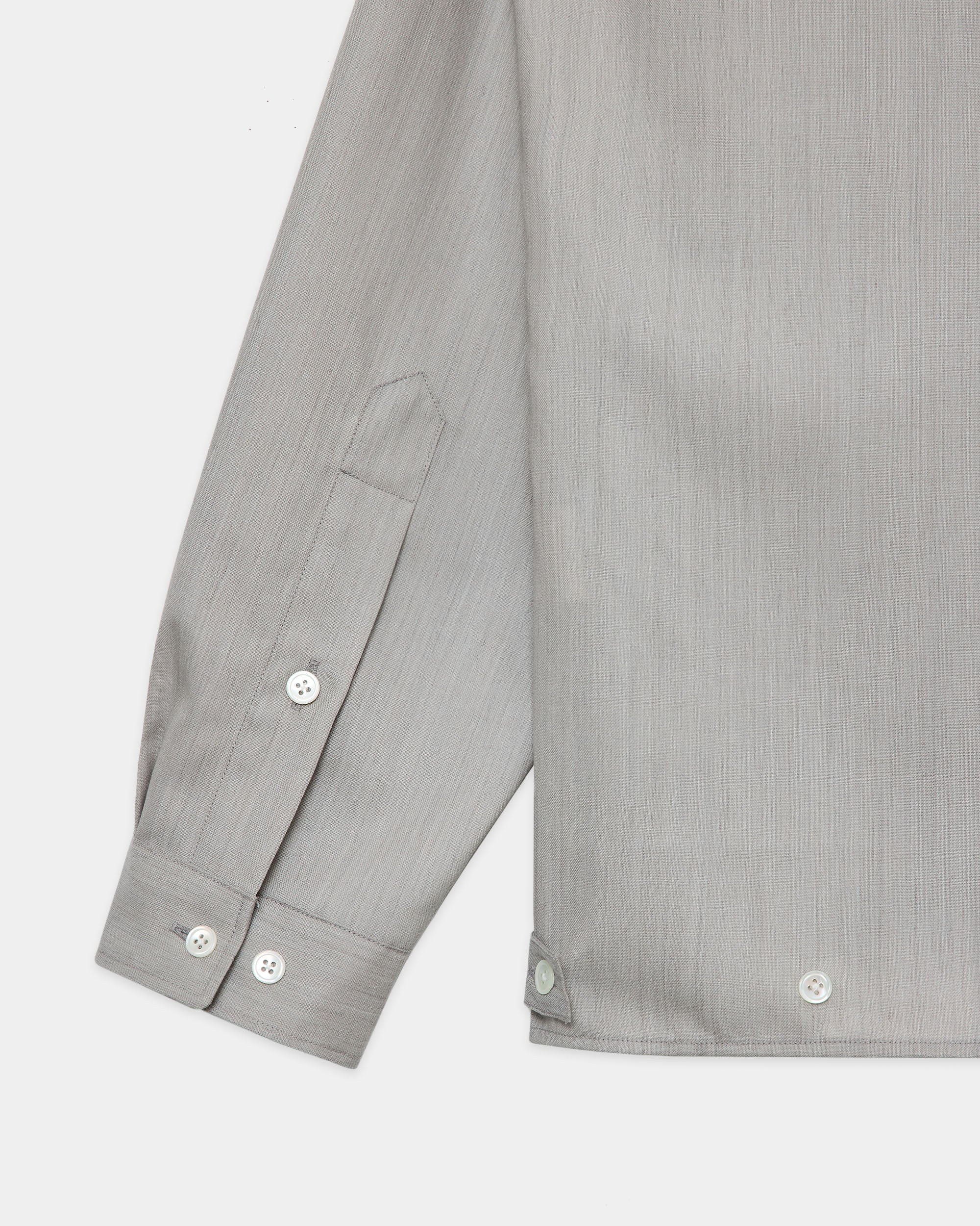 【PARKING Special Order】2/60 Wool Tropical Melange / Open Collar L/S Shirt With Hem Tab, Light Gray