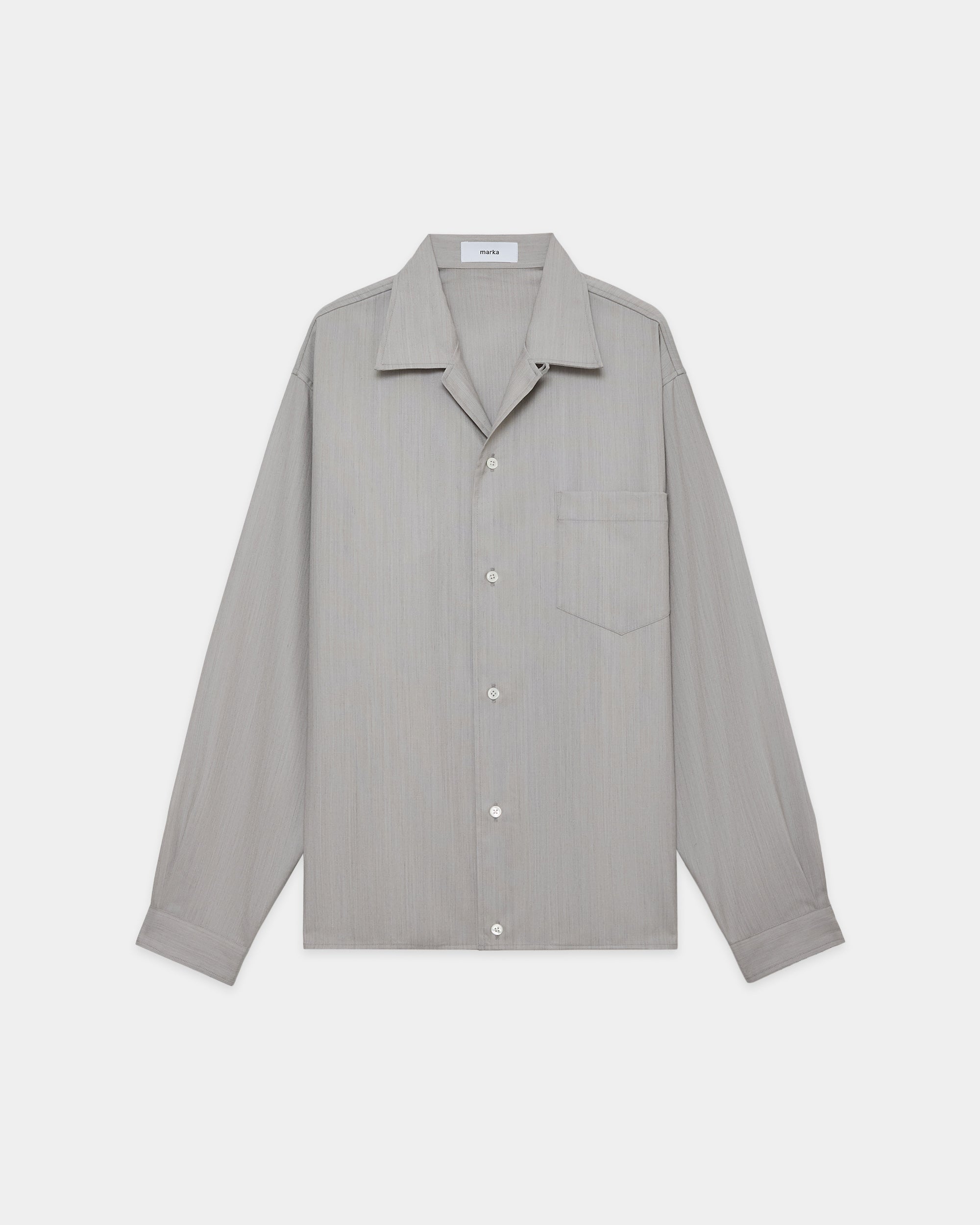 【PARKING Special Order】2/60 Wool Tropical Melange / Open Collar L/S Shirt With Hem Tab, Light Gray