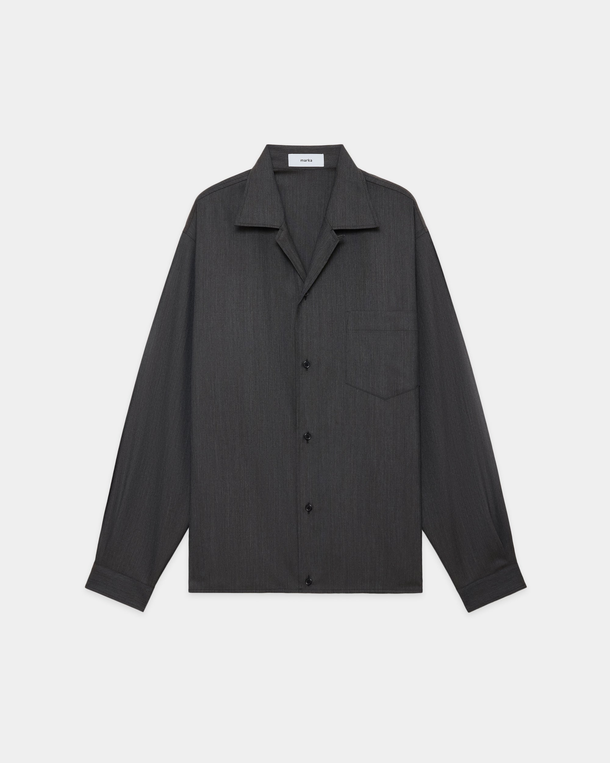 2/60 Wool Tropical Melange / Open Collar L/S Shirt With Hem Tab, Brown Gray