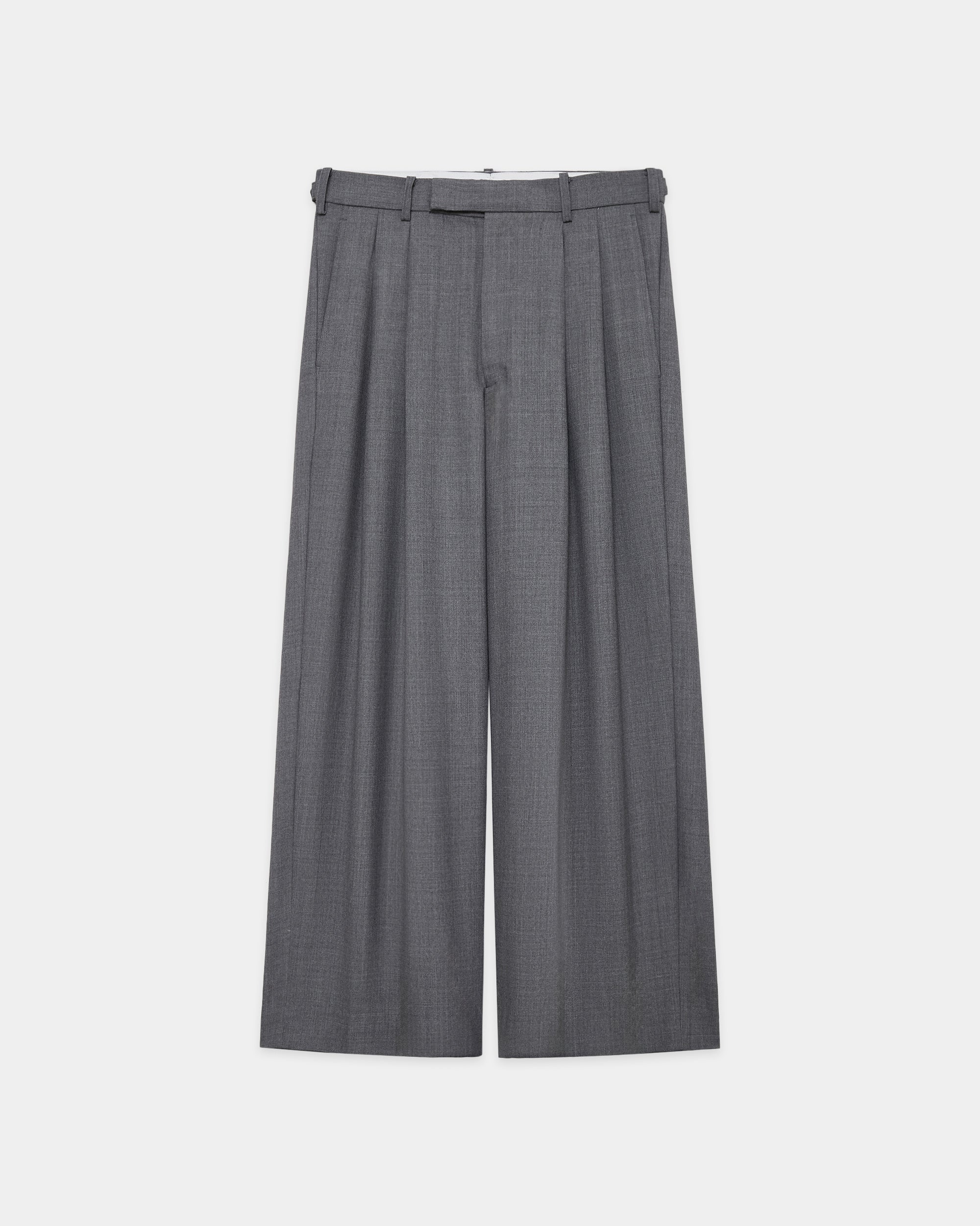 Recycled Polyester Wool Gabardine / Double Pleated Baggy Trousers, Gray