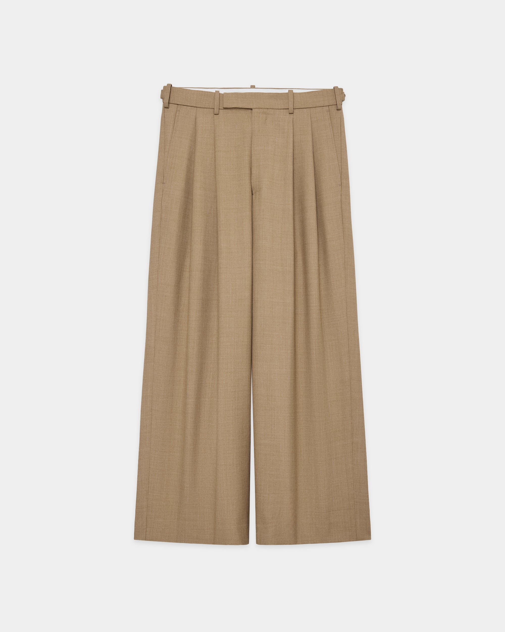 Recycled Polyester Wool Gabardine / Double Pleated Baggy Trousers, Beige
