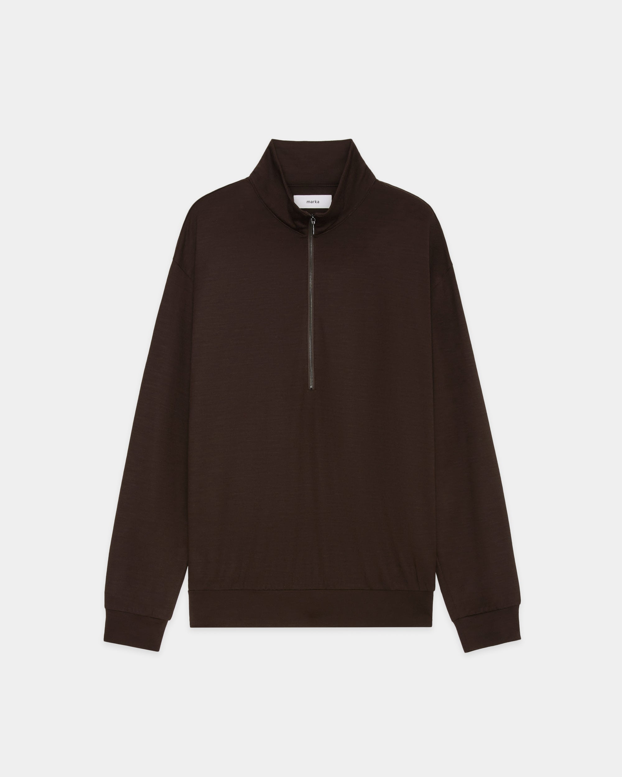 Super 100s Washable Wool Jersey Half-Zip Stand, Dark Brown